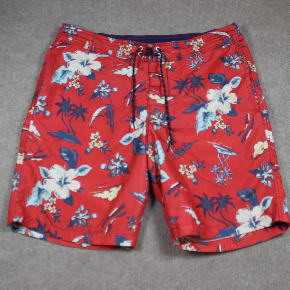 St Johns Bay Mens Swim Trunks Red Tropical Floral Hibiscus Board Shorts Large